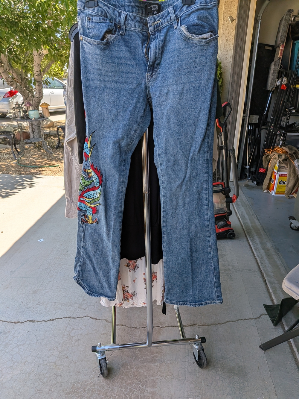 Ed Hardy Embroidered Dragon Denim Jeans - Blue & Red - Picture 2 of 8
